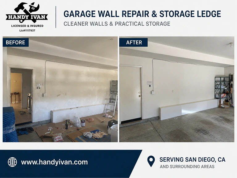 Before and after garage Wall Repair Storage Ledge by Handy Ivan in San Diego, CA.