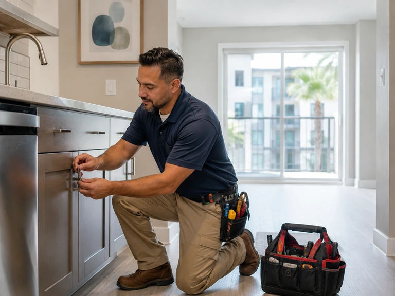 Handyman adjusting cabinet hardware during an apartment turnover in San Diego