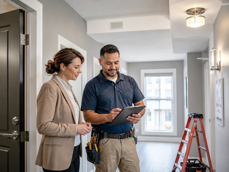 Handyman reviewing a commercial property repair list with a property manager in a San Diego apartment hallway