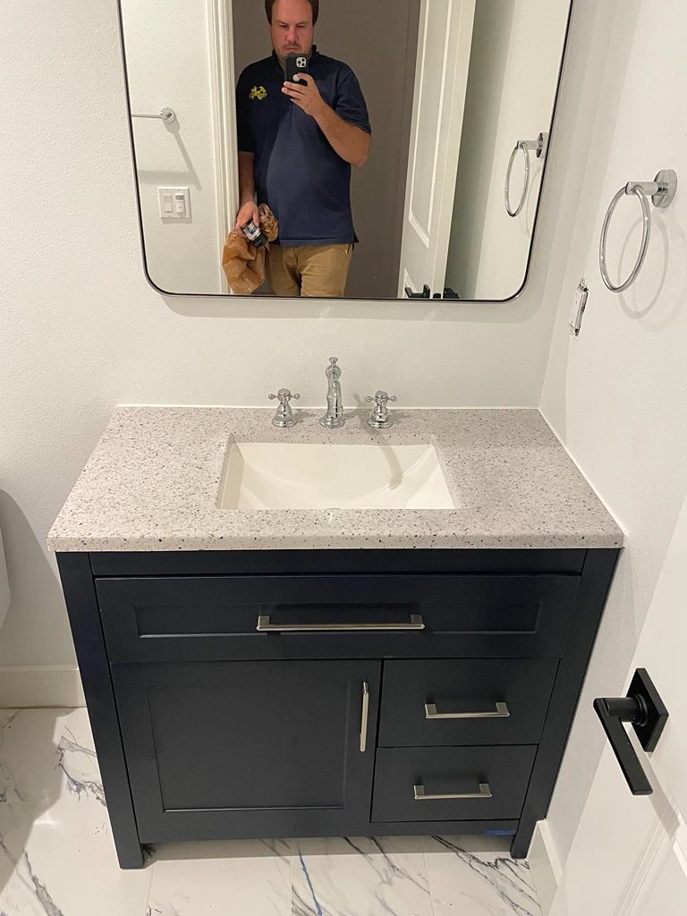 Black Bathroom Vanity Installation Quartz Countertop by Handy Ivan in San Diego, CA.