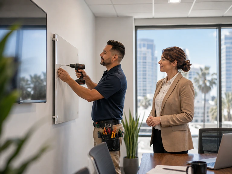 Handyman installing a whiteboard in a San Diego office conference room while a manager observes