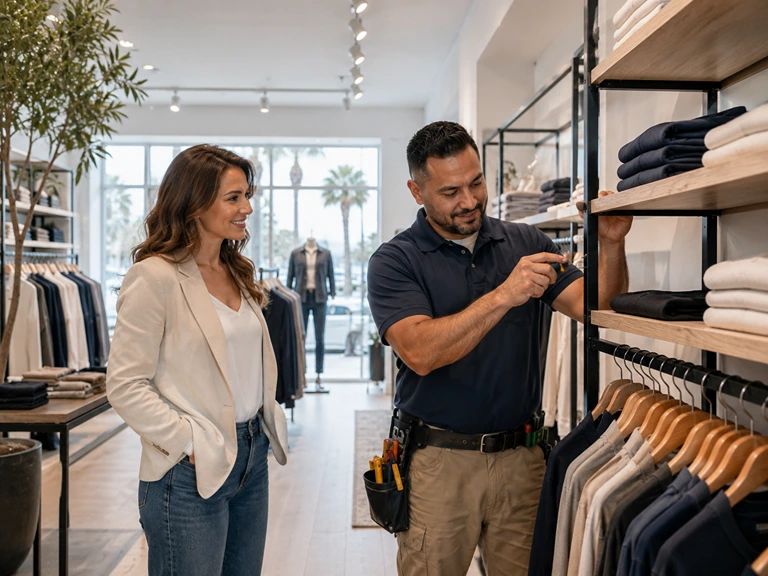 Handyman installing retail shelving with a store manager in a San Diego clothing boutique